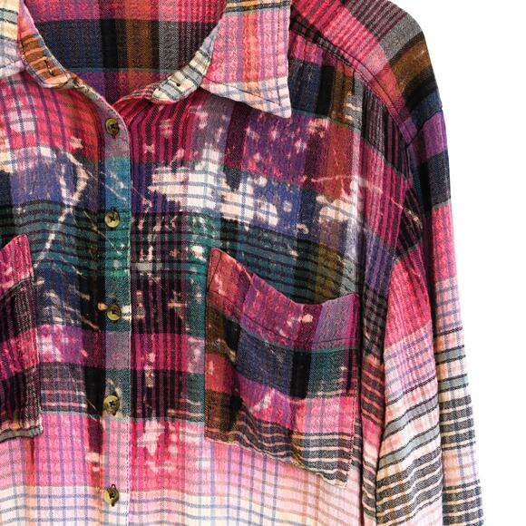 Distressed Boho Plaid Button Down Shirt Boho Flannel - Ombre Dip Dye - Picture 3 of 5